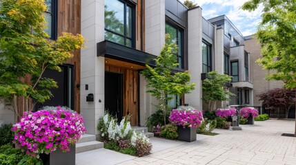 Beautiful modern townhouse with vibrant flower displays in a sunny neighborhood