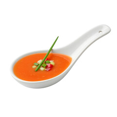 White Spoon Filled With Gazpacho Soup Topped With Diced Vegetables and Chives ceramic isolated on a transparent background