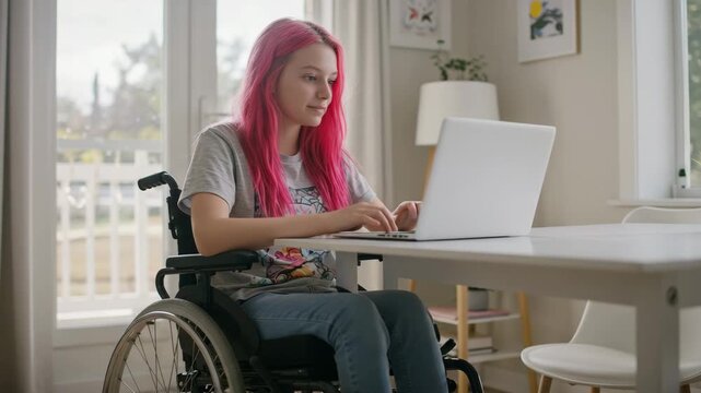 Teenager in wheelchair using laptop at home, girl sitting at table with device, accessible workspace, remote learning, inclusion, digital education, mobility aid, youth tech and modern lifestyle