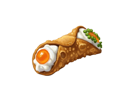 Artistic illustration of a cannoli filled with cream and topped with peas and egg yolk italian pastry isolated on a transparent background - Powered by Adobe