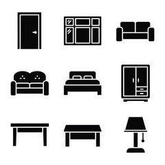Modern Minimalist Furniture Icons: An assortment of elegantly designed monochrome icons, each representing a key piece of furniture, perfect for various design applications.