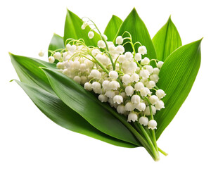 Obraz premium Delicate white lily of the valley flowers, with vibrant green leaves, cutout, PNG isolated on white or transparent background