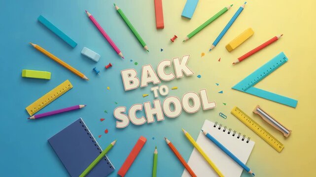 Back to school poster with colorful school supplies on blue background, bright stationery and paper items, school start season, kids education visuals, classroom mood and learning inspiration