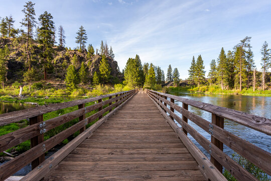 Wooden bridge over Deschutes River in Central Oregon