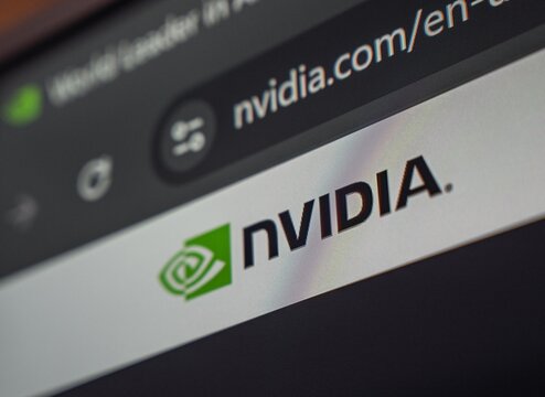 18 October 2025 - Tashkent, Uzbekistan: A close-up view of the NVIDIA logo displayed on a computer screen, showcasing the brand's iconic design and colors.