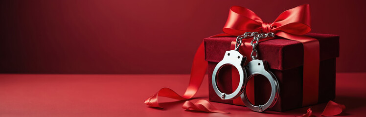 Red velvet gift box with satin ribbon bow, fuzzy handcuffs attached. Symbolizes surprise, passion, intimacy, and romance. Suitable for sensual holiday or anniversary themes.