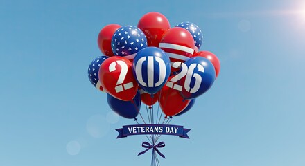 Veterans Day 2026 Celebration with Patriotic Balloons Against Blue Sky.