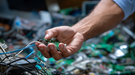 Partial view of recycler's arms reaching into clear focused electronic waste pile with tangled connections, with copy space