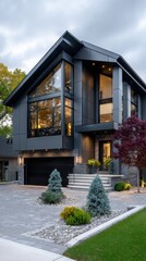Modern home exterior with large windows and landscaped yard on a cloudy evening in a suburban neighborhood