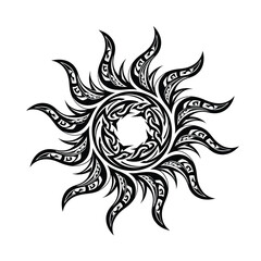 Tribal sun symbol intricate design with flowing rays and circular pattern silhouette