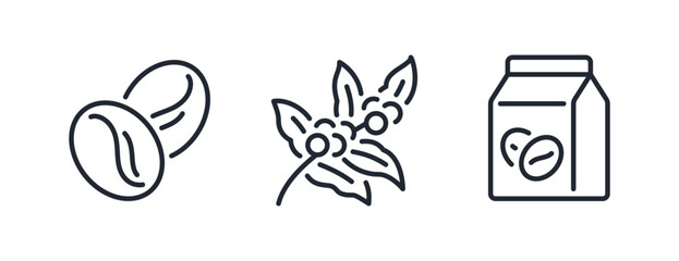 Coffee bean, branch and package editable stroke outline icon isolated on white background flat vector illustration. Pixel perfect. 64 x 64.