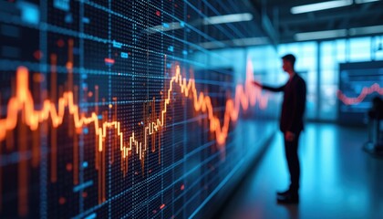 Financial analyst studies digital stock market data. Businessman examines trading charts displaying rising falling trends. Investment expert analyzes economic growth. Concept of finance business.