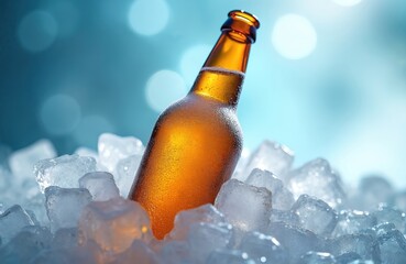 Amber beer bottle sits chilled in ice. Refreshing drink has condensation on glass against blurred bright background. Summer beverage is perfect for hot weather thirst.