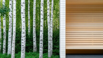 Obraz premium Birch Forest Meets Modern Wood Architecture, Nature, Design