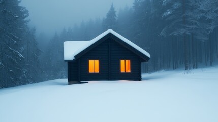 Cabin Glow Snowy Forest Home with Warm Light,Winter, Retreat