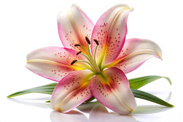 Pink Lily Flower with Green Leaves on White
