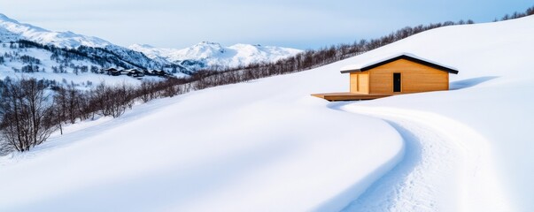 Fototapeta premium Cabin in Snow Minimalist Retreat in Snowy Mountain Landscape, Winter ,Cabin