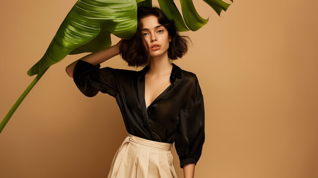 Modelo feminina posando com uma grande folha verde em fundo bege.