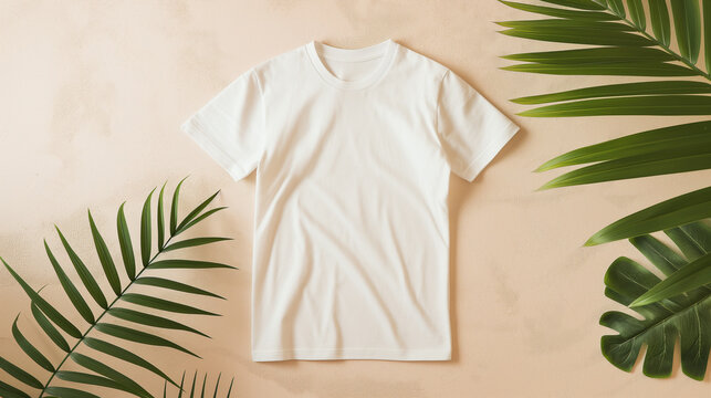Mockup de camiseta branca em fundo neutro com folhas de plantas tropicais.