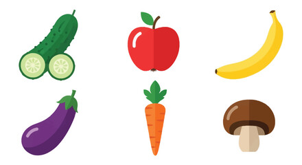 A colorful assortment of fresh fruits and vegetables illustrated in flat design