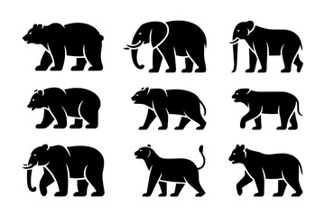 Nine Black and White Animal Silhouettes with Internal Details in a 3x3 Grid