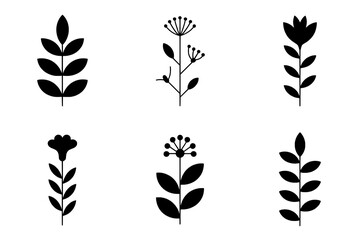 Six Minimalist Black Silhouette Botanical Icons in Flat Design: Leaves, Flowers, and Berries Arranged in a 2x3 Grid