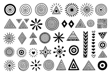 A diverse collection of 55 hand-drawn black and white tribal and geometric icons, featuring circles, triangles, diamonds, suns, and starbursts, on a white background.