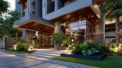 Modern building entrance with lush greenery and elegant design in a tranquil urban setting