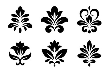 Six Varied Solid Black Floral and Foliate Ornamental Vector Designs Arranged in a Grid