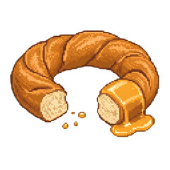 Pixel Art Broken Bagel With Honey Drizzle On Black Background cracked torn isolated on a transparent background