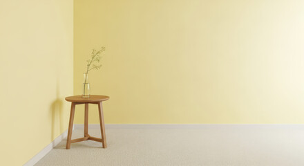 Minimalist interior with yellow wall, wooden table and vase with plant