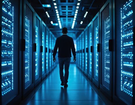 Man walks inside modern data center. Tech engineer in server room. Digital transformation and cybersecurity concept. High tech business. Internet of things and cloud computing.
