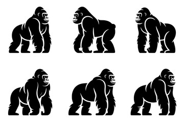 Six Black Silhouette Gorilla Icons in Varied Quadrupedal Poses, with White Internal Details