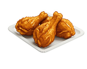 Pixel Art Fried Chicken Drumsticks on White Plate chicken legs food isolated on a transparent background