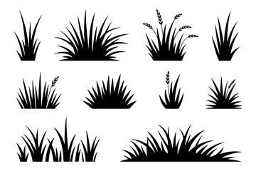 Collection of 10 Black Silhouette Grass and Wheat Icons: Varied Tufts, Bushes, and Borders on White Background