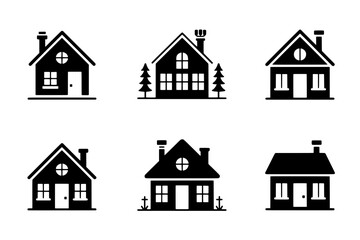 A collection of six flat, solid black house icons presented in a grid, featuring diverse architectural styles, rooflines, chimneys, and window configurations against a white background.