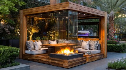 Cozy outdoor lounge with a modern fire pit surrounded by lush greenery at twilight
