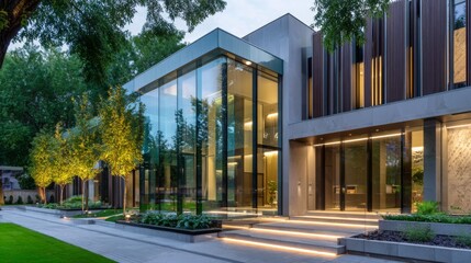 Modern architectural design showcasing a sleek home with glass and greenery in early evening light