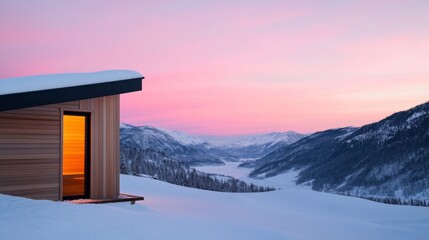 Fototapeta premium Cozy Cabin at Dusk Snow Mountains Under Pink Sky, winter , cabin