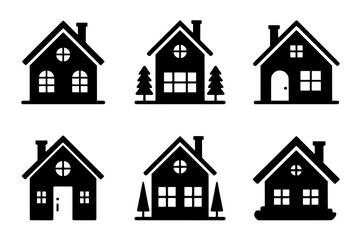 A Grid of Six Flat Black House Icons with Varied Window, Door, and Landscaping Details on a White Background