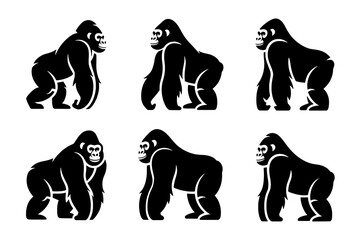 Six Stylized Black Gorilla Icons: Quadrupedal Poses with White Negative Space Detail