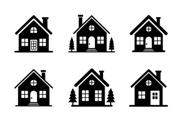 A collection of six distinct, simple black house icons in a flat vector style, showcasing variations in doors, windows, attic details, and landscaping elements, presented on a white background.
