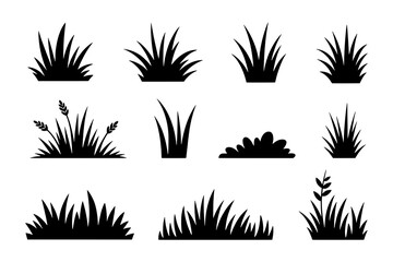A grid of twelve diverse solid black grass and bush silhouette icons on a plain white background, featuring various shapes, densities, and botanical details like wheat stalks and leafy branches.