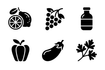 Flat Glyph Icons Set: A 2x3 Grid of Solid Black Food, Fruit, Vegetable, and Beverage Symbols with White Details on a Pure White Background
