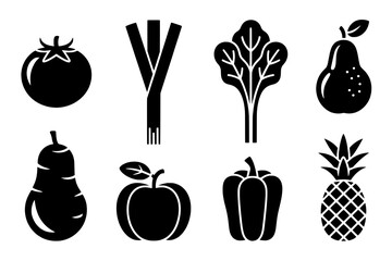 Eight Monochrome Fruit and Vegetable Icons: Flat Black Silhouettes with White Details on White Background in Grid Layout