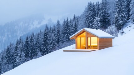 Cozy Cabin Glow Snow-Covered Forest Retreat with Warm Interior Light, Winter, Cabin