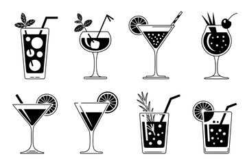 Monochrome Cocktail Icon Set: Eight Flat Vector Drink Illustrations with Black Outlines and Fills, Featuring Various Glassware, Garnishes, and Straws on a White Background