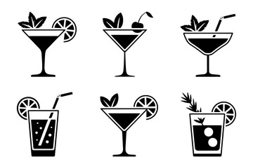Six Flat Black and White Cocktail Drink Icons in a 2x3 Grid on a White Background