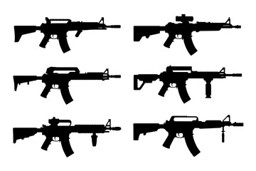 Collection of Six Solid Black AR-15/M4 Style Rifle Silhouettes in a 3x2 Grid Layout with Various Tactical Accessory Configurations