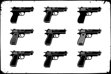 Grid of Nine Black Pistol Icons with Varying Outline and Texture Details on a Grunge White Background